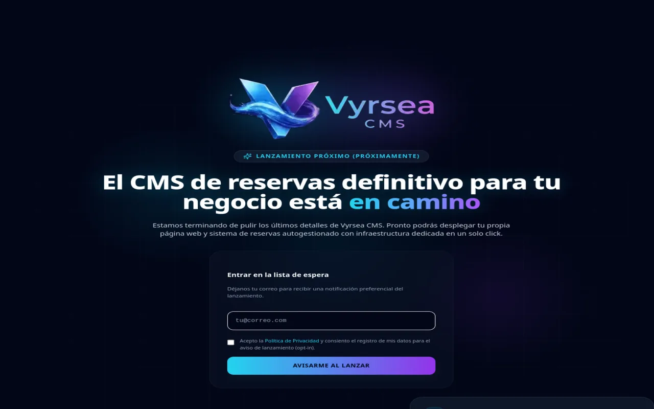 Vista de la página principal de Vyrsea CMS